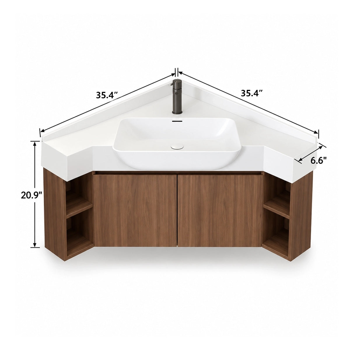 Booth‑side open‑shelf corner vanity,35.4in each side,6.6in D,20.9in H