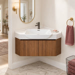 Walnut corner wall‑mount bathroom vanity, real‑shot corner bathroom