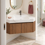 Triangular wall‑hung bathroom vanity, real‑shot light‑luxury bathroom