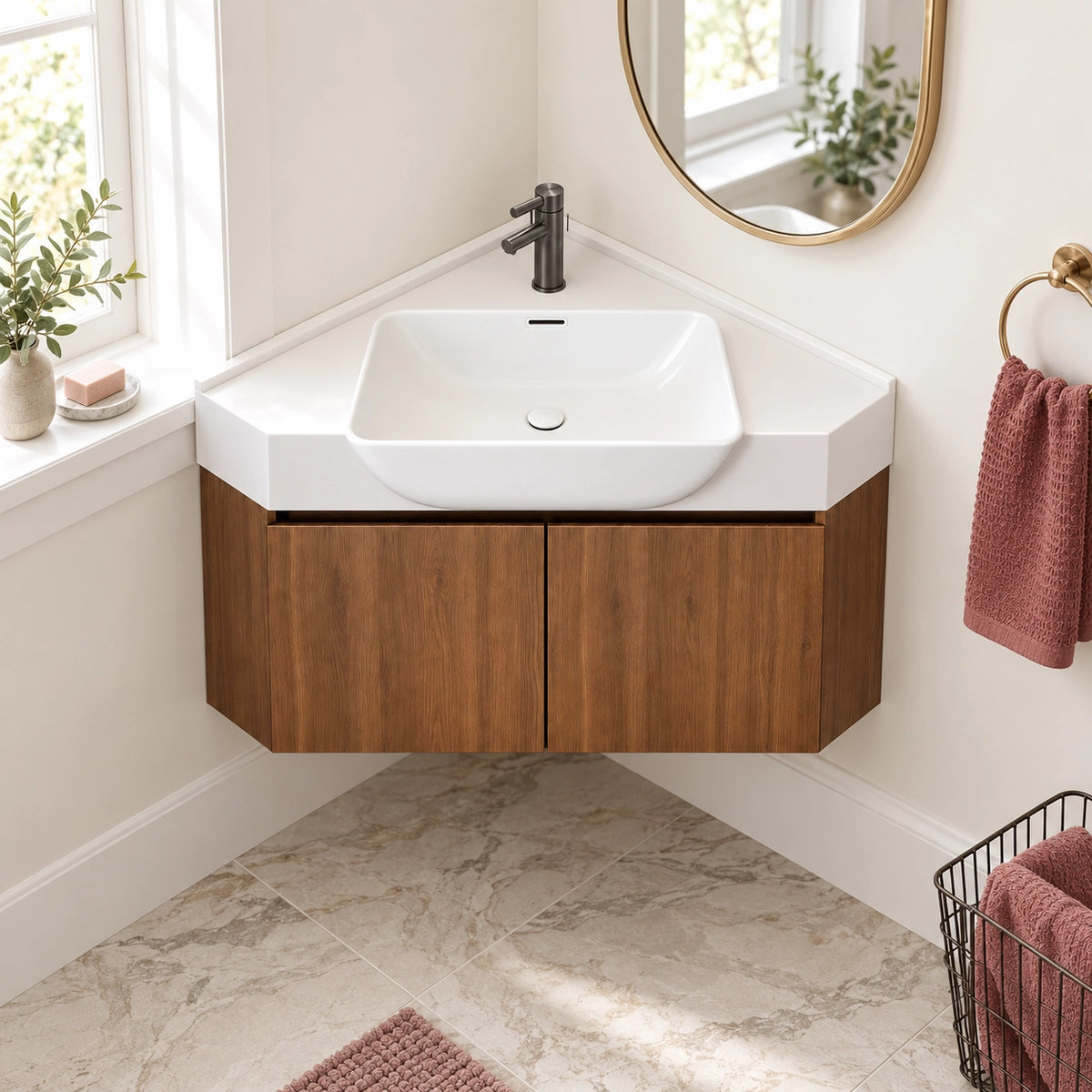 Wall‑corner bathroom vanity, real‑shot bright bathroom near window