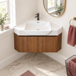 Wall‑corner bathroom vanity, real‑shot bright bathroom near window