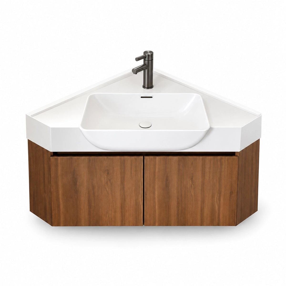 Corner bathroom vanity, triangular shape, double‑door enclosed storage