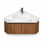 Corner bathroom vanity, triangular shape, double‑door enclosed storage