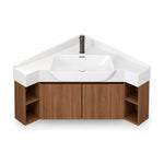 Wall‑mount corner vanity, fitted with dual side open shelves for diversified storage