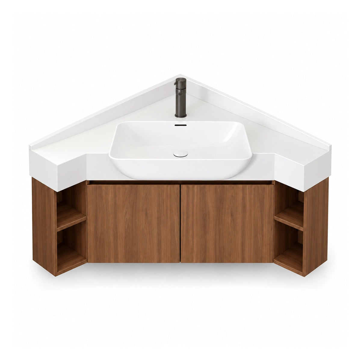 Wall‑mount corner vanity, fitted with dual side open shelves for diversified storage