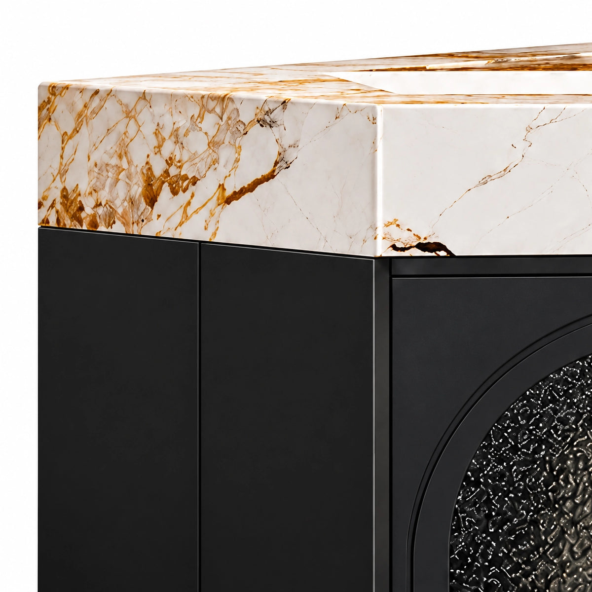 Partial vanity countertop, thick gold‑vein marble with mitered corner