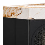 Partial vanity countertop, thick gold‑vein marble with mitered corner