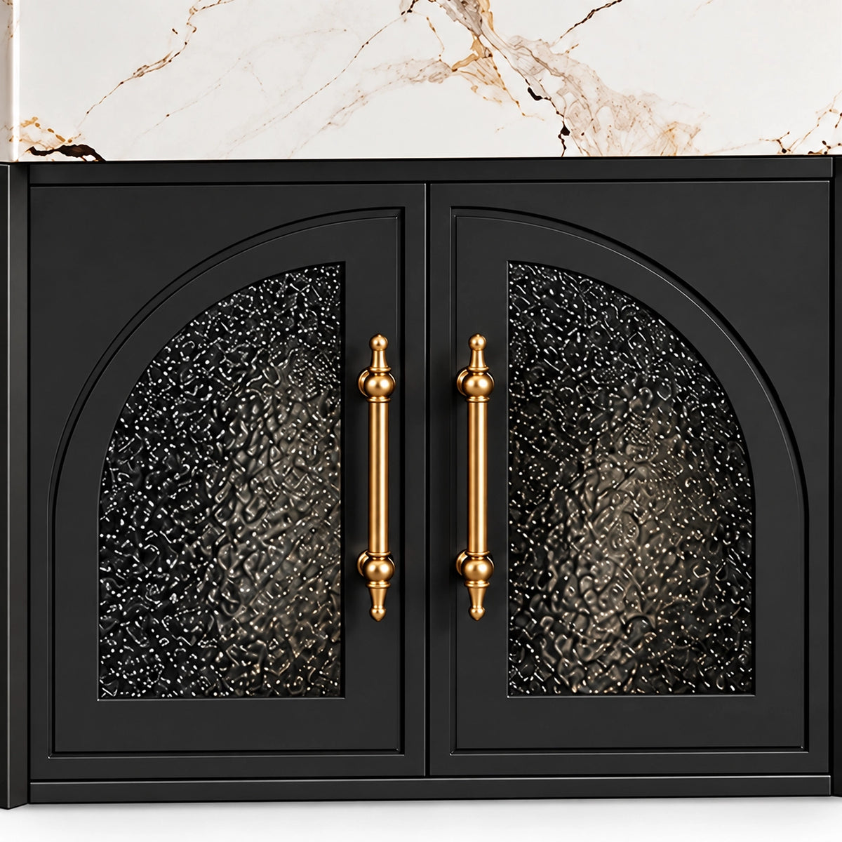 Close‑up vanity cabinet door, arched textured glass with long gold handles
