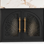 Close‑up vanity cabinet door, arched textured glass with long gold handles