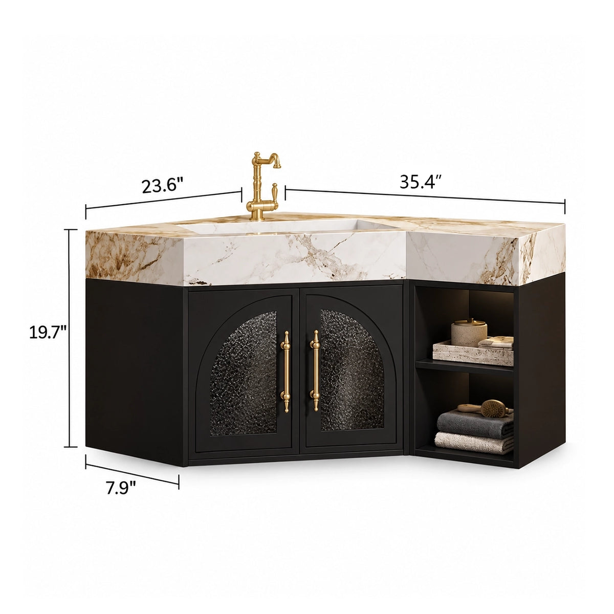 Widen side‑cubby corner vanity,23.6in&35.4in,7.9in D,19.7in H