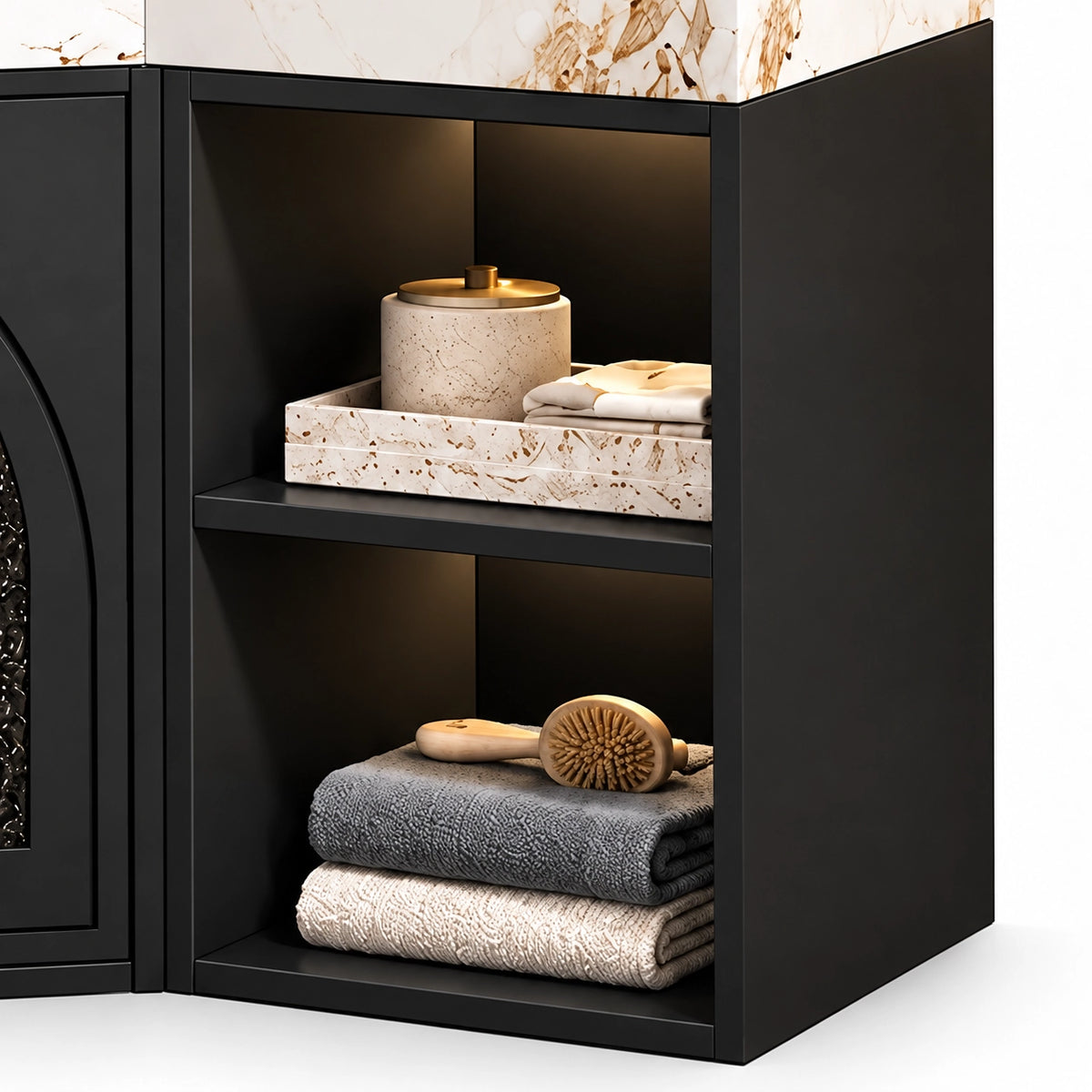 Vanity side open storage cubby, stores bath towels and toiletries