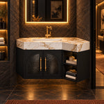 Vintage black frame corner wall‑mount vanity, real‑shot dark luxury bathroom