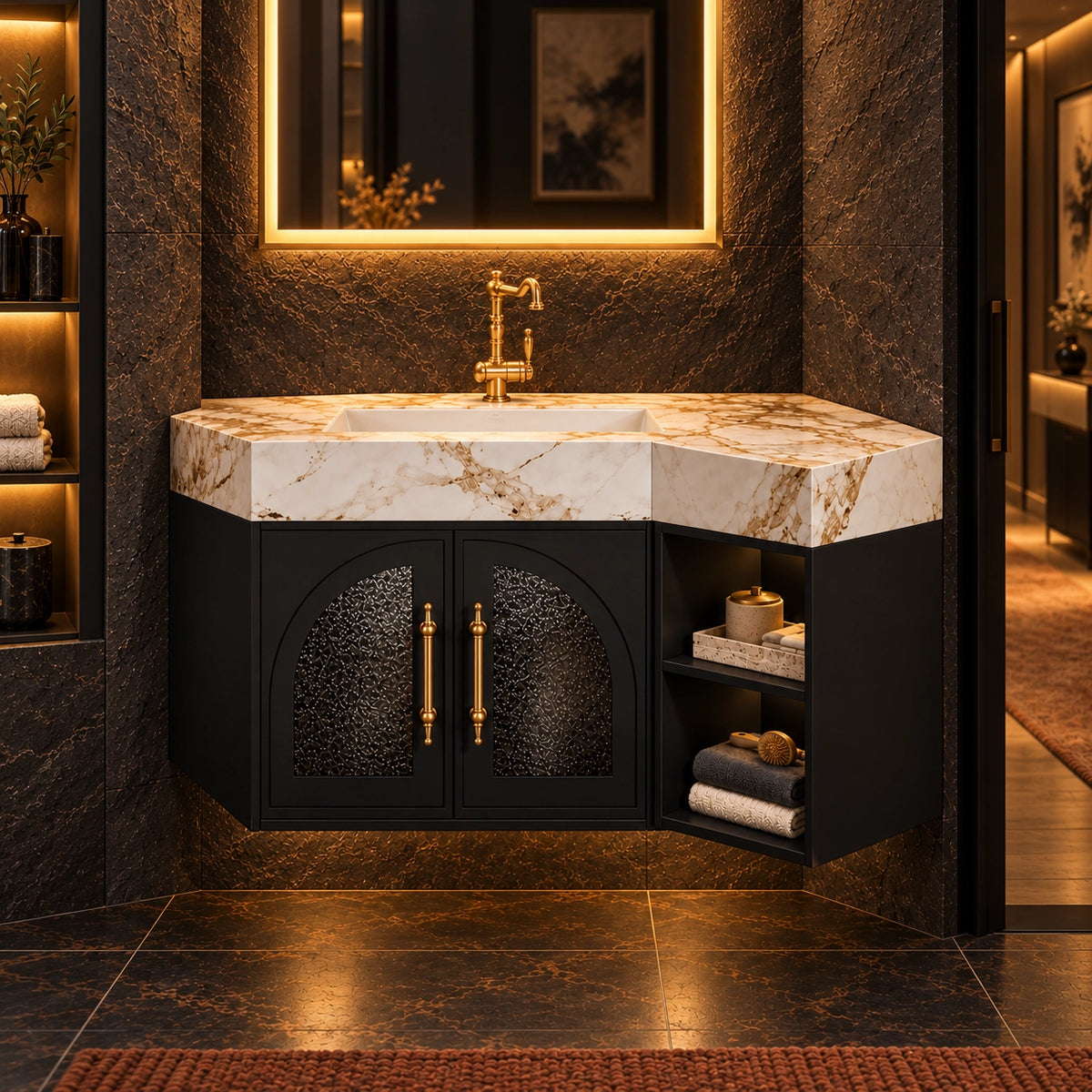 Vintage black frame corner wall‑mount vanity, real‑shot dark luxury bathroom