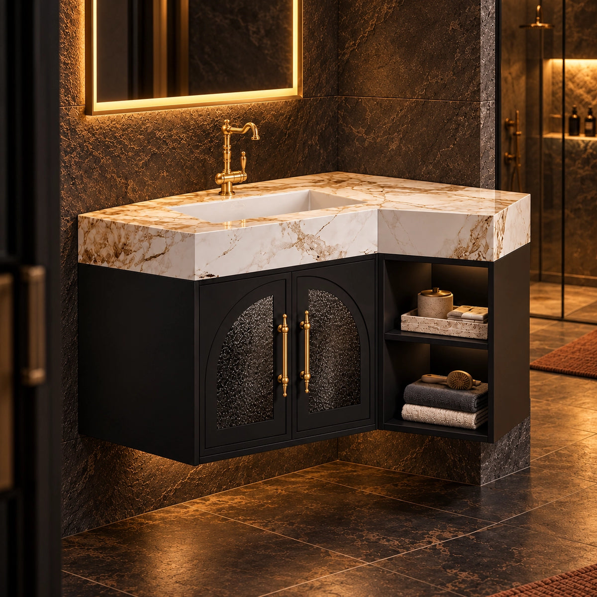 Corner bathroom vanity with marble top, real‑shot retro‑style bathroom