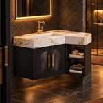 Corner bathroom vanity with marble top, real‑shot retro‑style bathroom