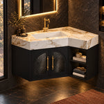 Corner vanity with glass doors, real‑shot premium bathroom beside window