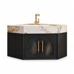 Corner wall‑mounted bathroom vanity, closed arched textured‑glass doors, gold‑vein marble countertop