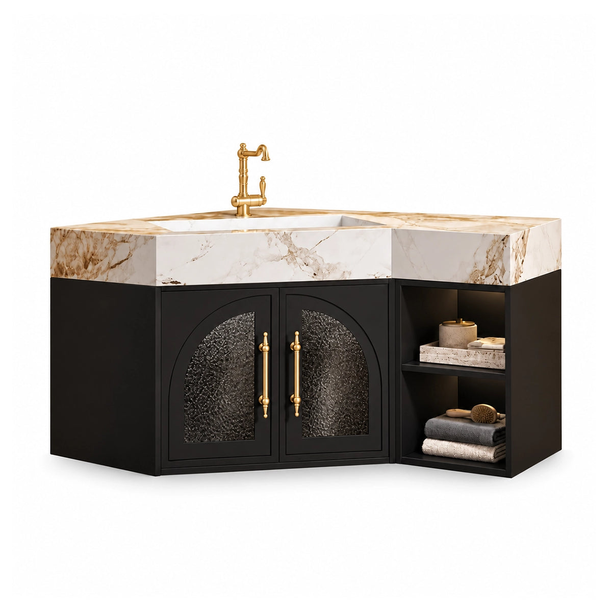 Floating bathroom vanity, double doors with right‑side open shelving, vintage gold hardware

今天 11:59

 图3的产品有什么特点？

 图4到图6的产品尺寸规格分别是多少？

 图7产品的使用场景有哪些？