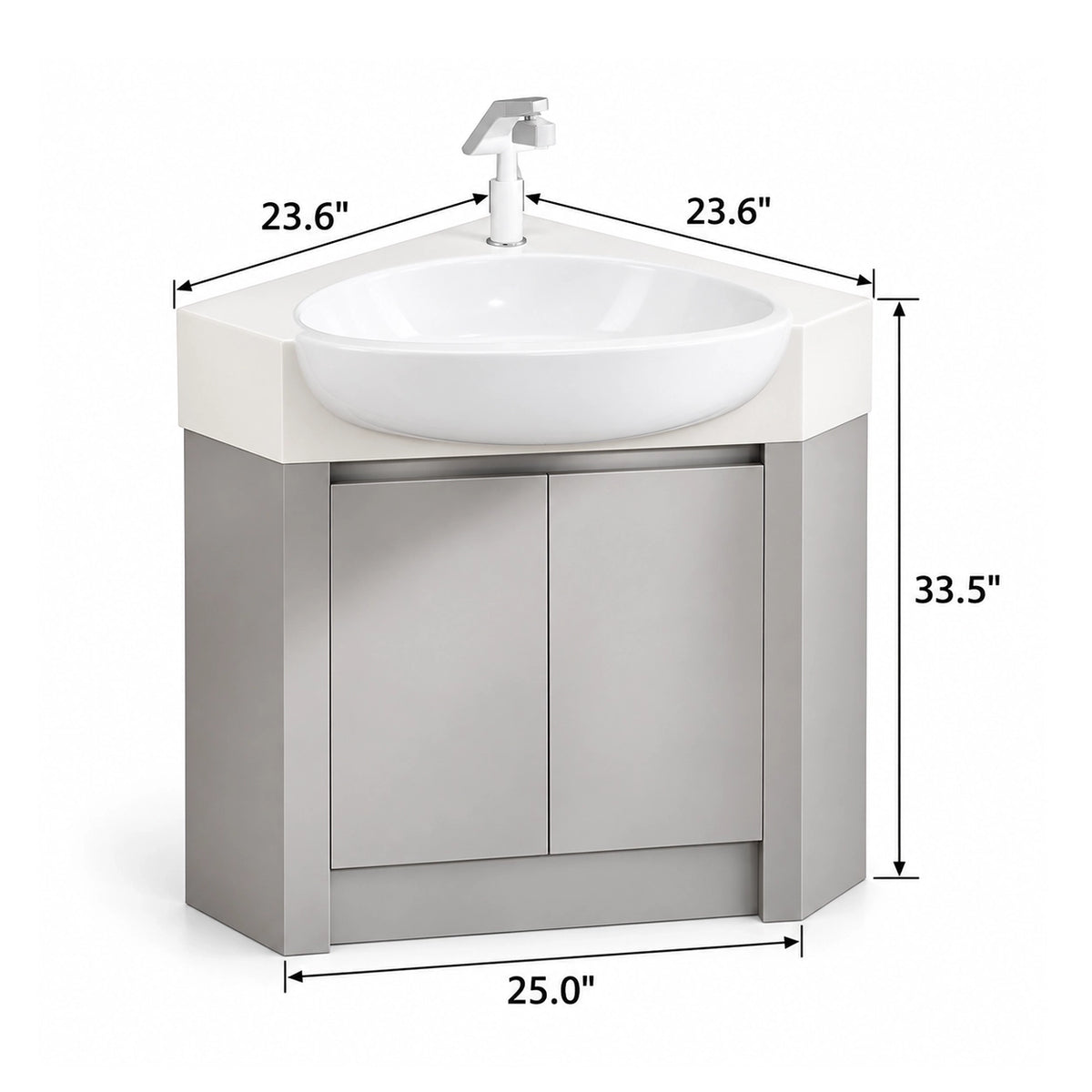 Freestanding corner bathroom vanity, 23.6"×23.6"×33.5", base width 25.0 inches