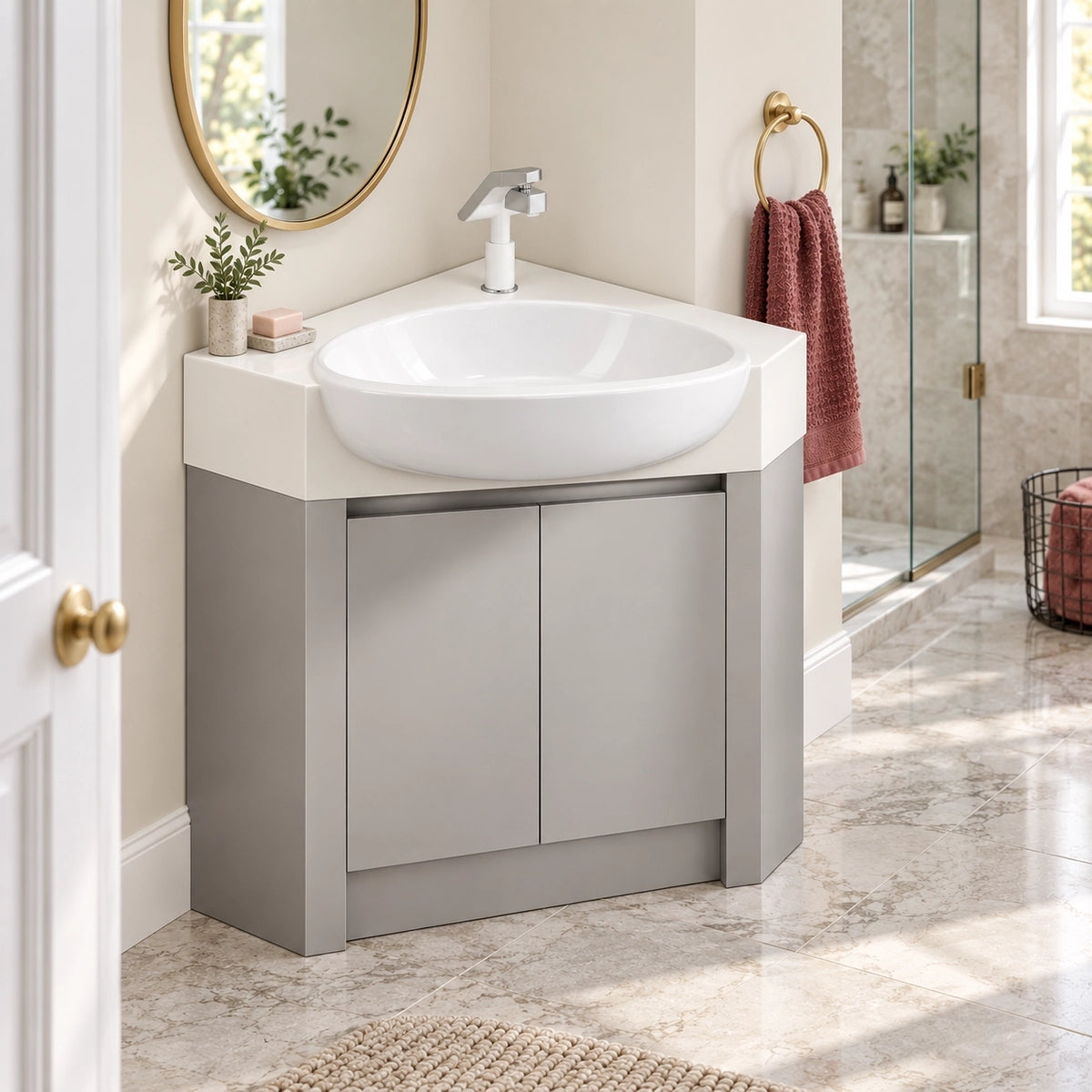 Freestanding corner vanity, bathroom corner space next to shower area