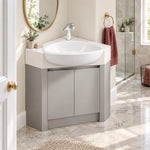 Freestanding corner vanity, bathroom corner space next to shower area