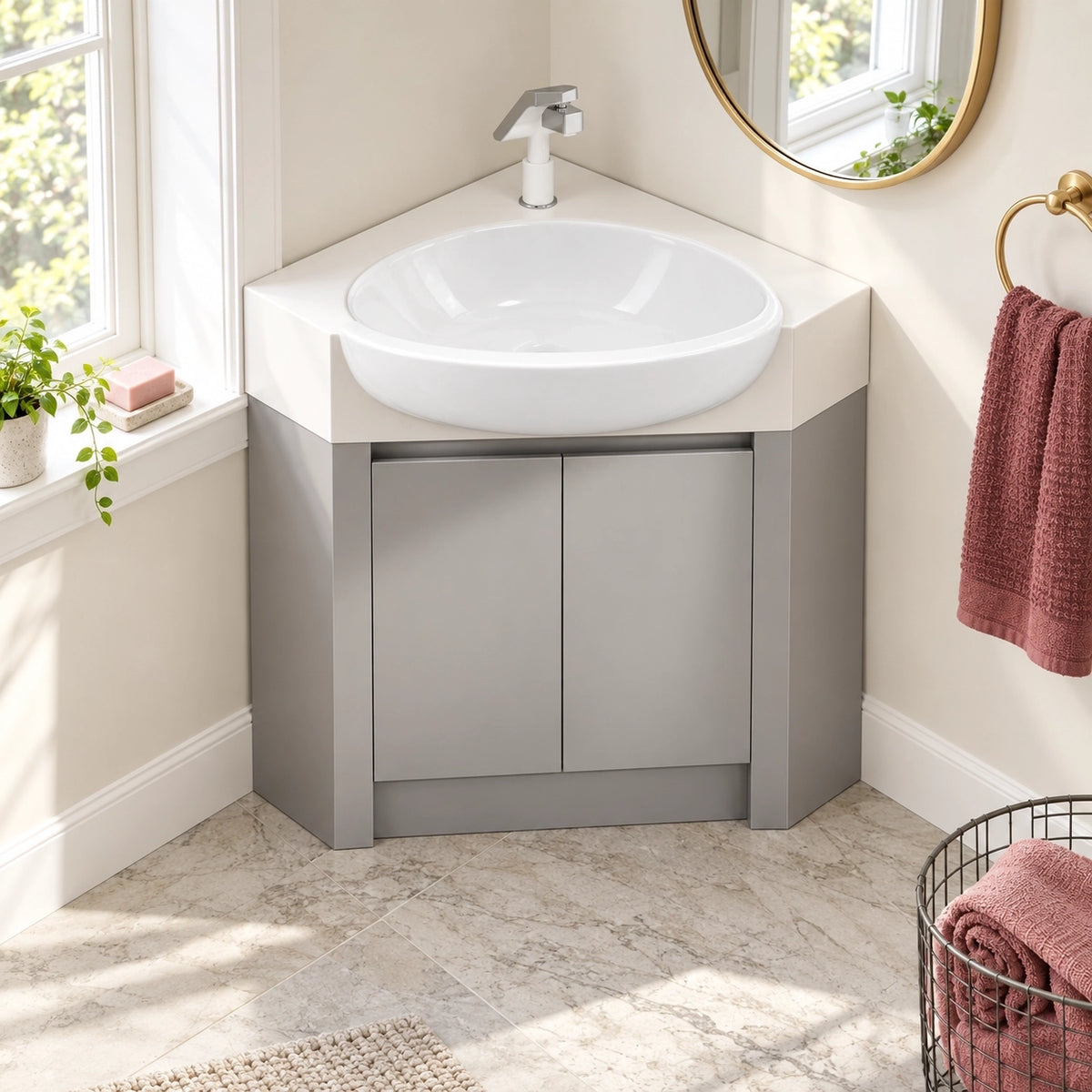 Corner bathroom sink cabinet, bathroom space by window, fits compact corner spot