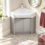 Corner bathroom sink cabinet, bathroom space by window, fits compact corner spot
