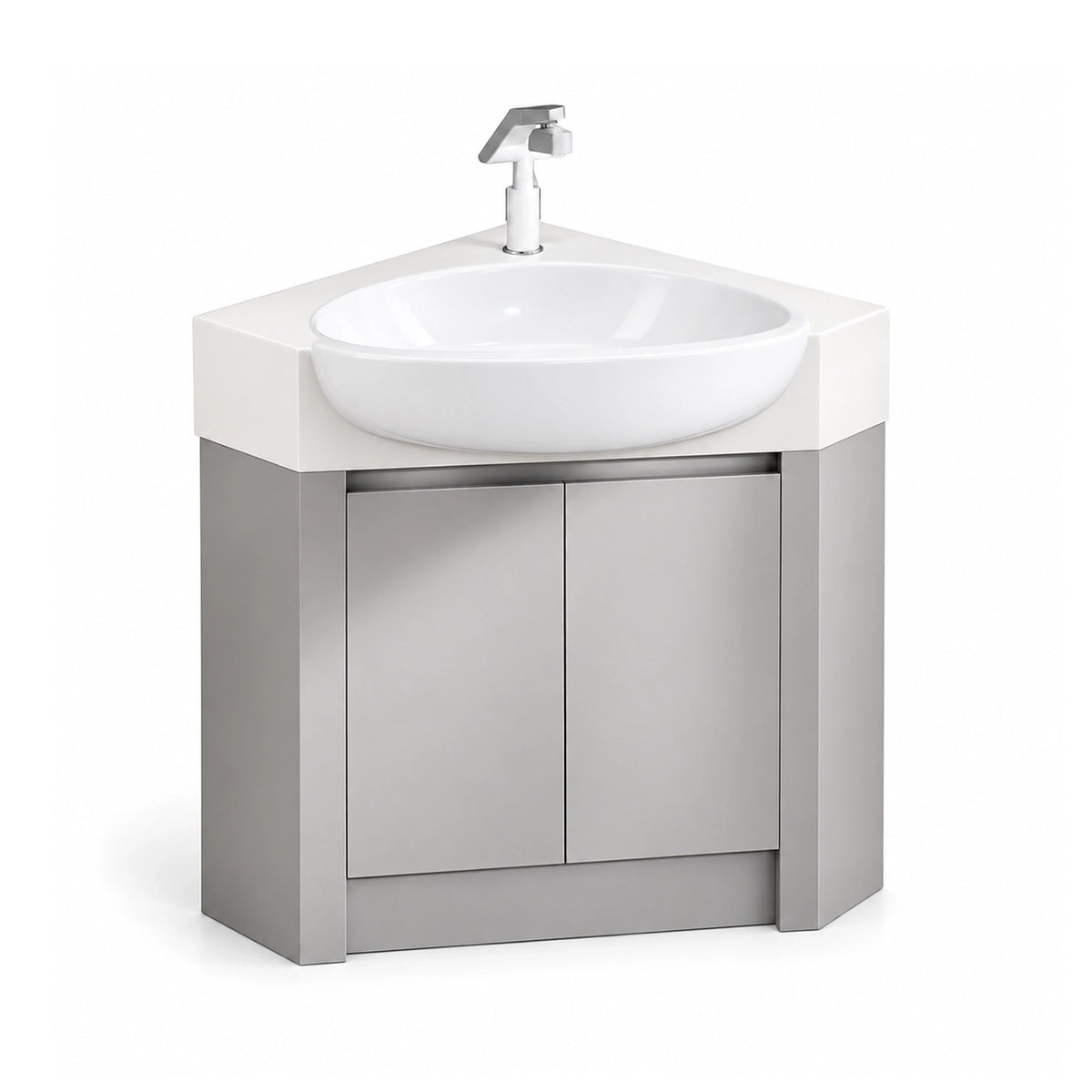 Compact freestanding corner vanity, simple light‑gray cabinet, triangular shape with double storage doors