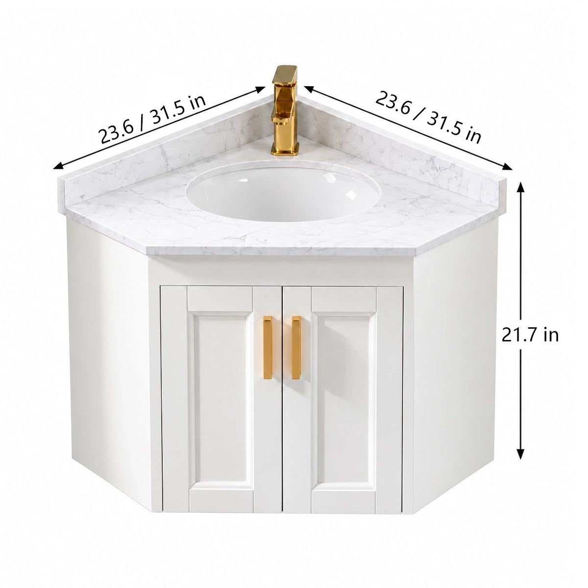 Wall‑mount corner vanity, both sides 23.6‑31.5in, cabinet height 21.7in