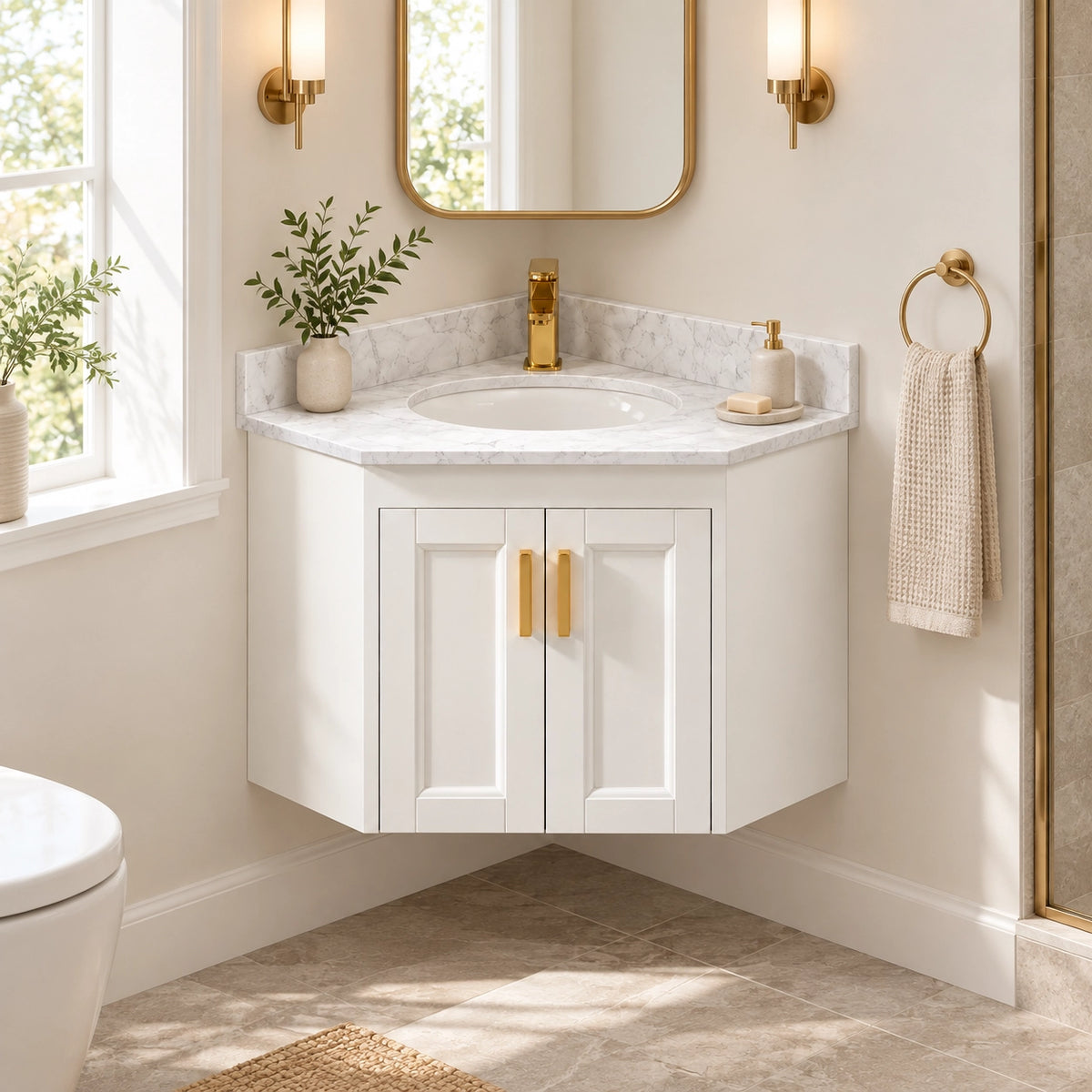 White wall‑mount corner vanity, real‑shot luxury natural‑light bathroom