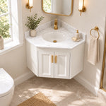 White floating corner vanity, real‑shot light‑toned American‑style bathroom