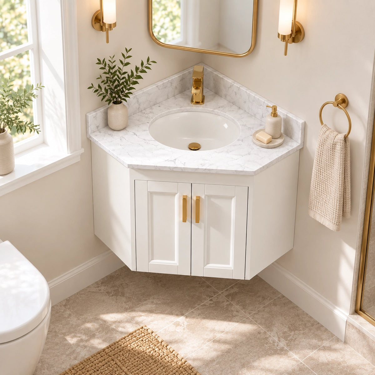 White floating corner vanity, real‑shot light‑toned American‑style bathroom