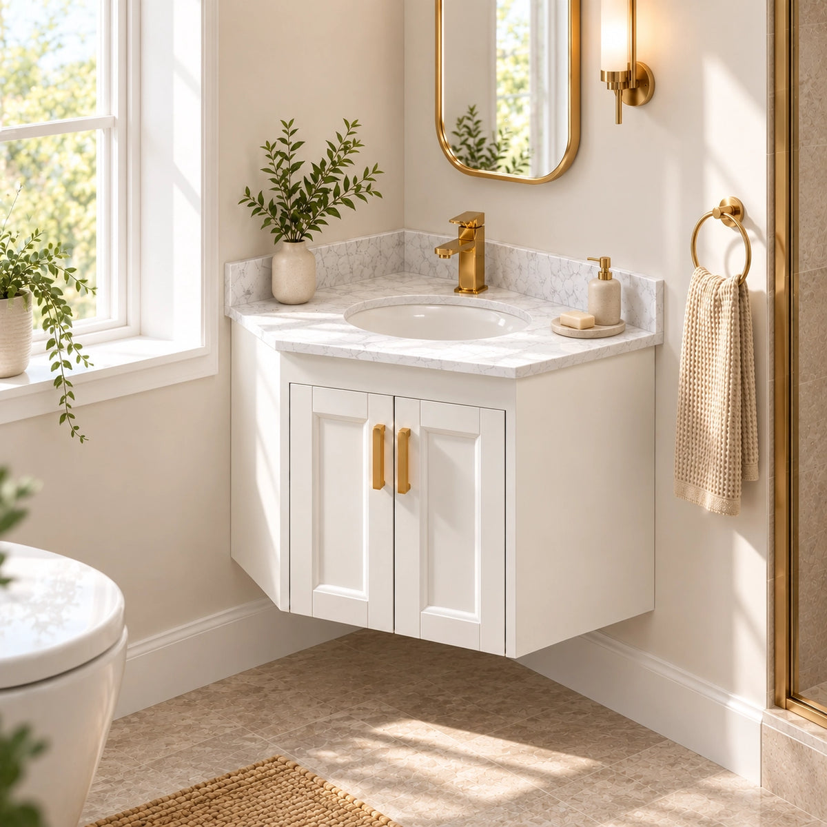 Wall‑hung corner bathroom vanity, real‑shot bright home bathroom space