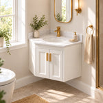 Wall‑hung corner bathroom vanity, real‑shot bright home bathroom space