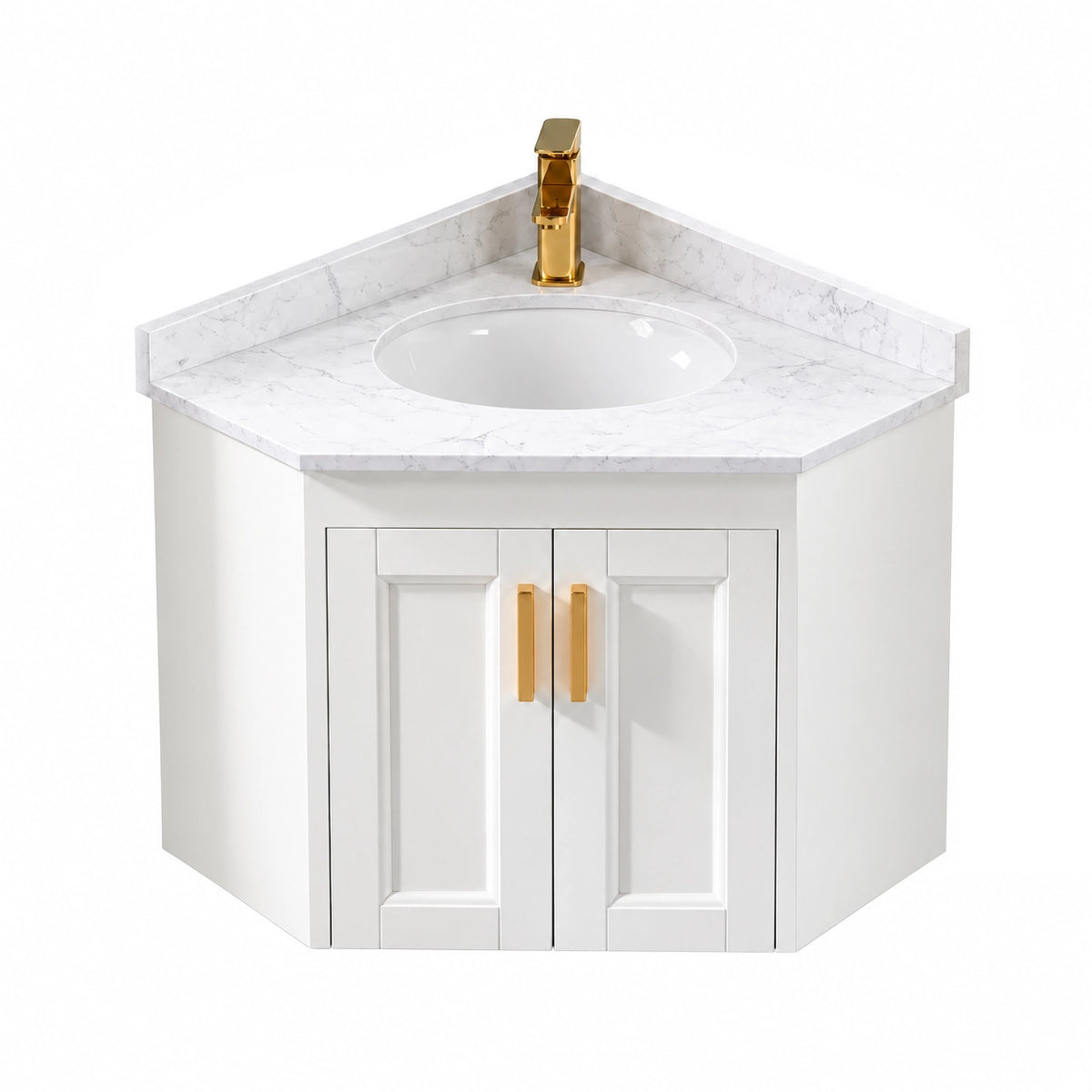 Floating corner bathroom vanity, marble countertop, foot‑less wall‑hung double‑door cabinet