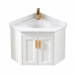 Floating corner bathroom vanity, marble countertop, foot‑less wall‑hung double‑door cabinet