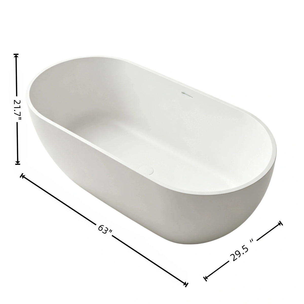 Dimensions diagram of the 63-inch matte white thin-rim solid surface bathtub, measuring 63 by 29.5 by 21.7 inches.