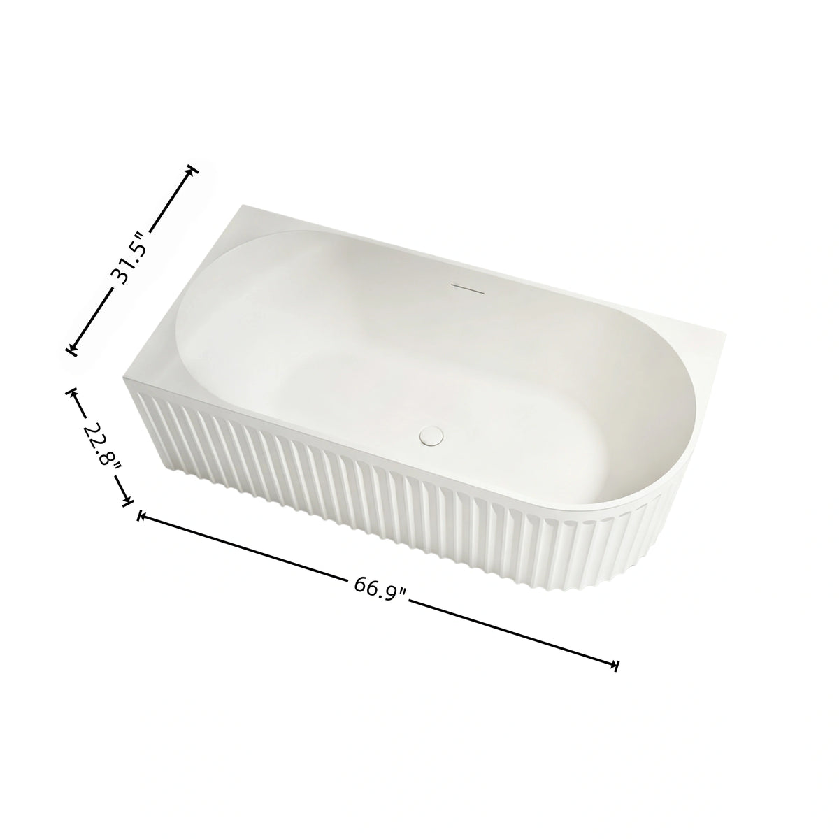 Dimensions diagram of the 67-inch gloss white curved-front fluted bathtub, measuring 66.9 by 31.5 by 22.8 inches.