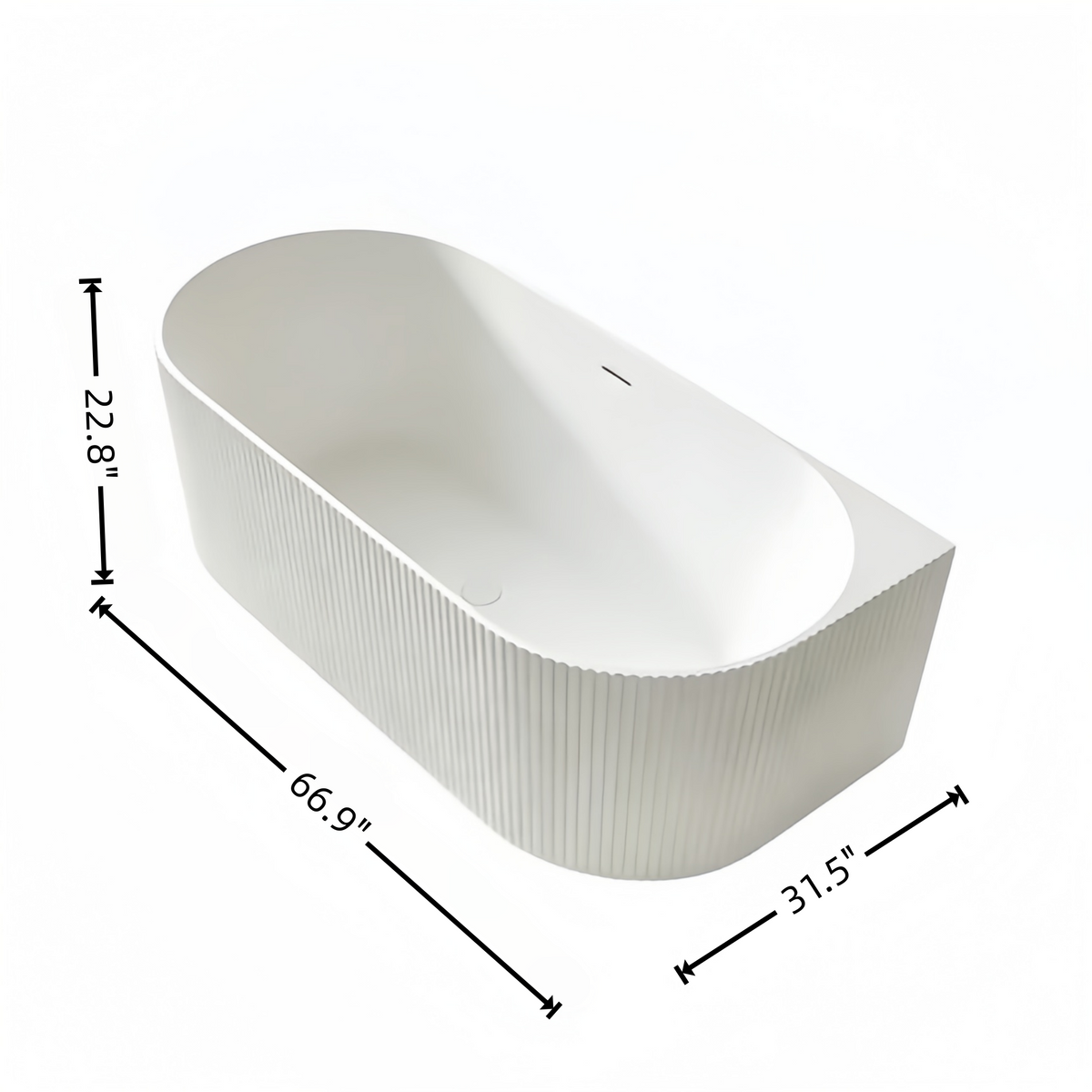 Dimensions diagram of the 67-inch gloss white ribbed acrylic bathtub, measuring 66.9 by 31.5 by 22.8 inches.