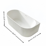 Dimensions diagram of the 67-inch gloss white ribbed acrylic bathtub, measuring 66.9 by 31.5 by 22.8 inches.