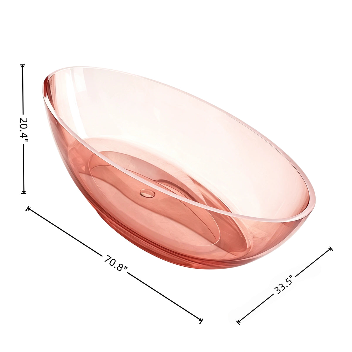 Dimensions diagram of the 71-inch transparent pink resin oval bathtub, measuring 70.8 by 33.5 by 20.4 inches.