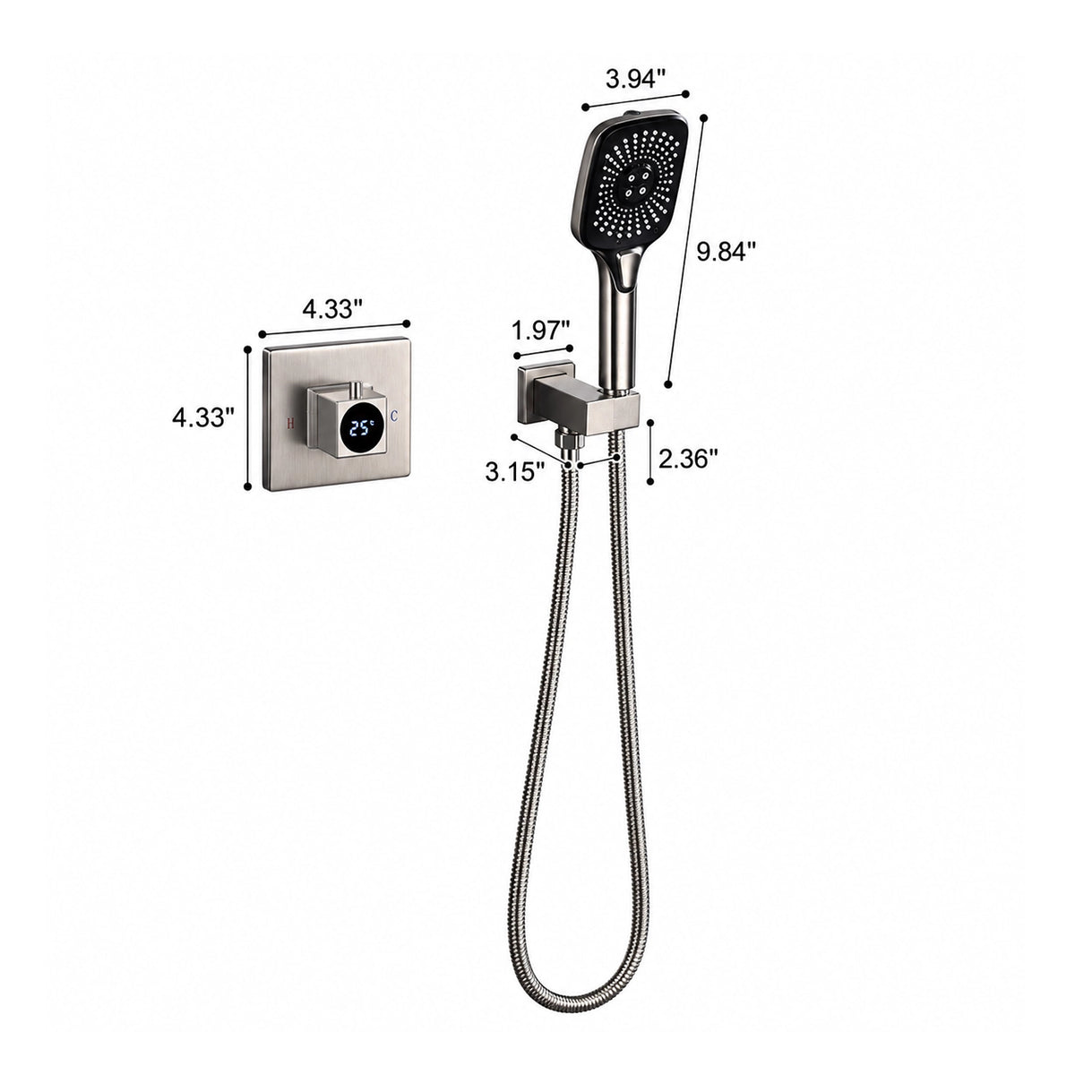 Brushed silver digital display concealed handheld shower set,3.94in