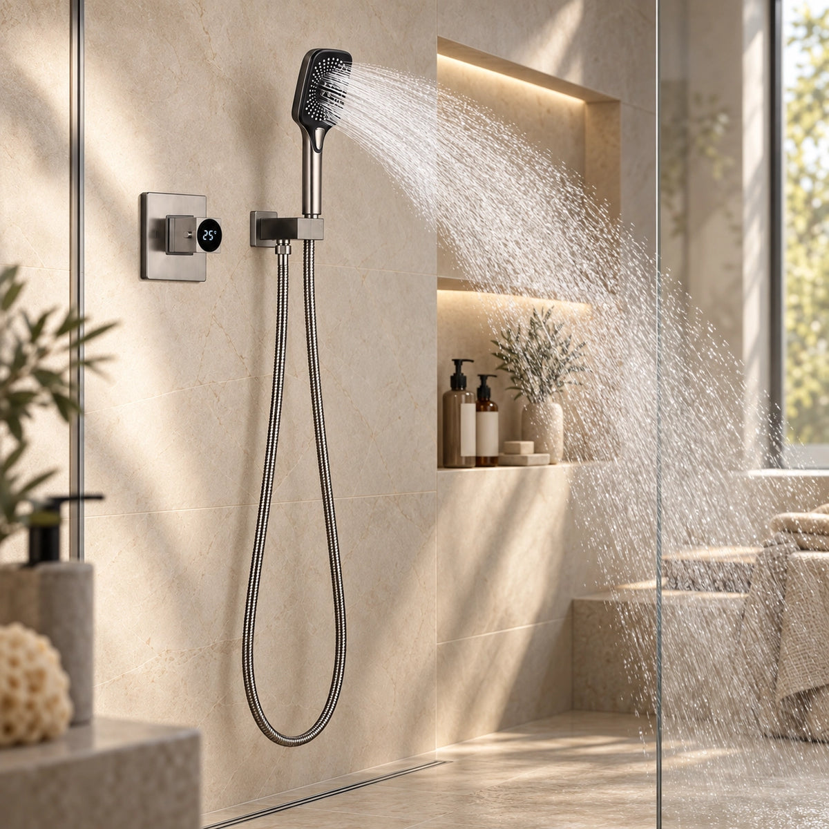Digital display concealed handheld shower set, modern bathroom