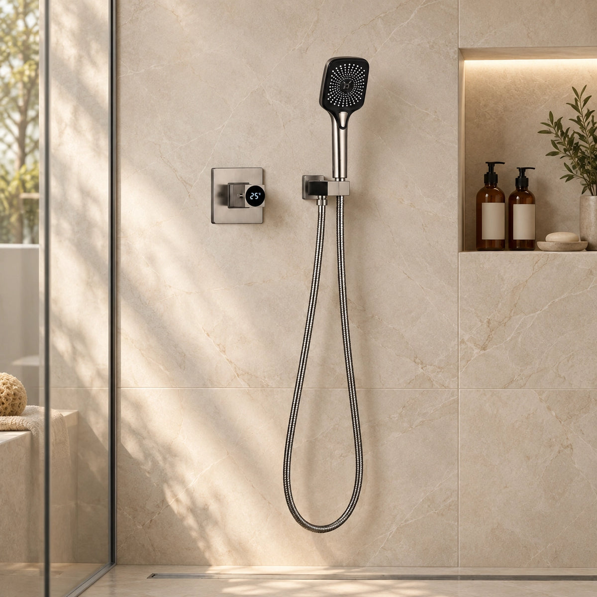 Brushed silver concealed digital shower complete set in home bathroom