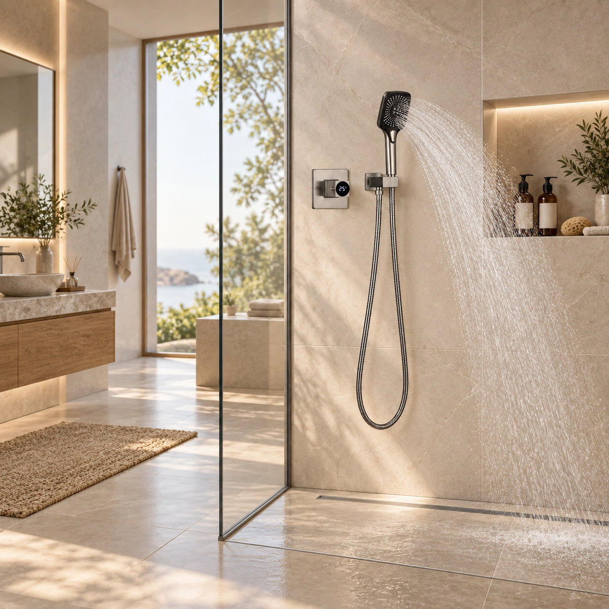 Concealed shower set with digital display spraying water, bathroom scene