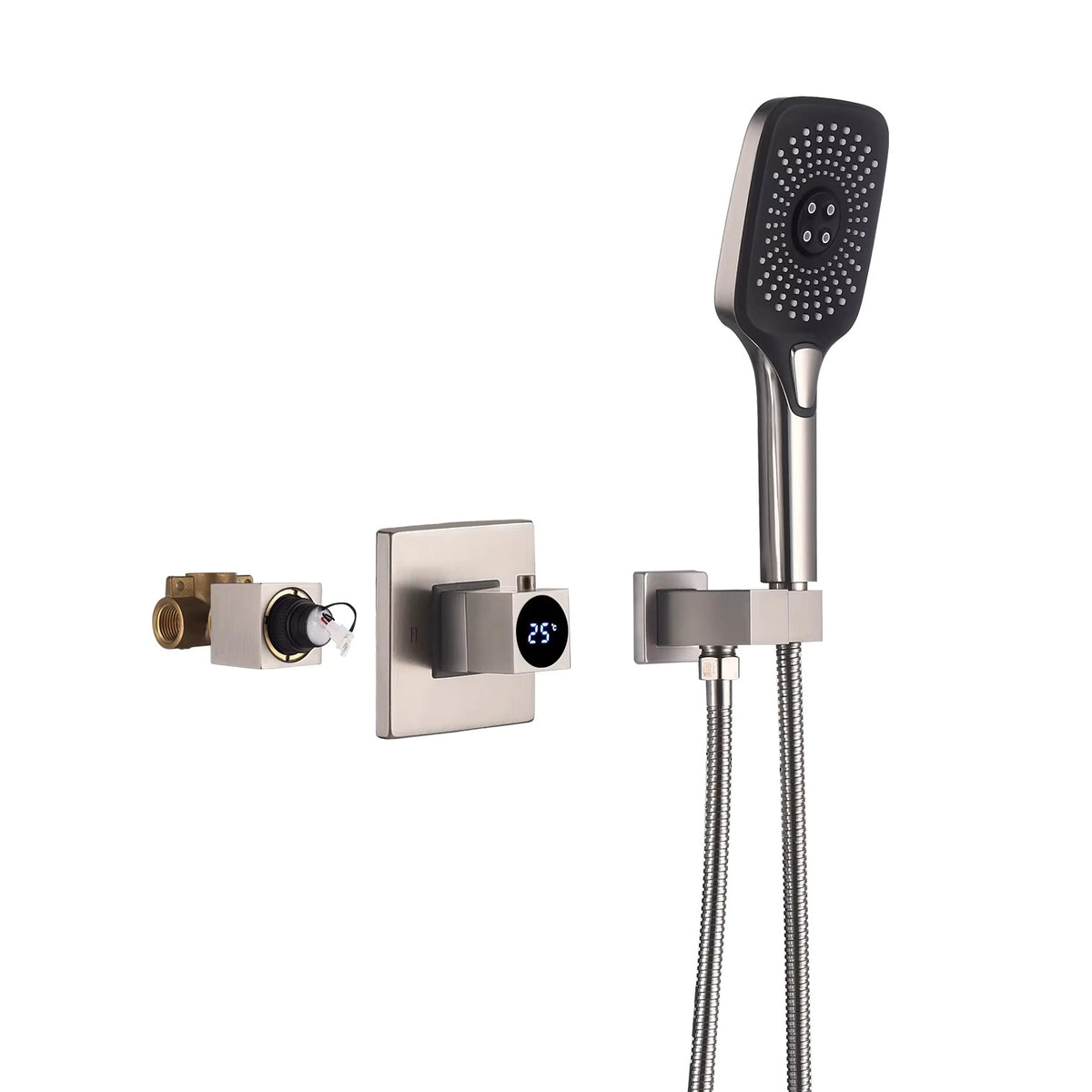 Wall‑mount digital handheld shower, split view of rough‑in valve & face plate