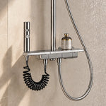 Shower shelf close‑up, built‑in spray gun and filter cartridge