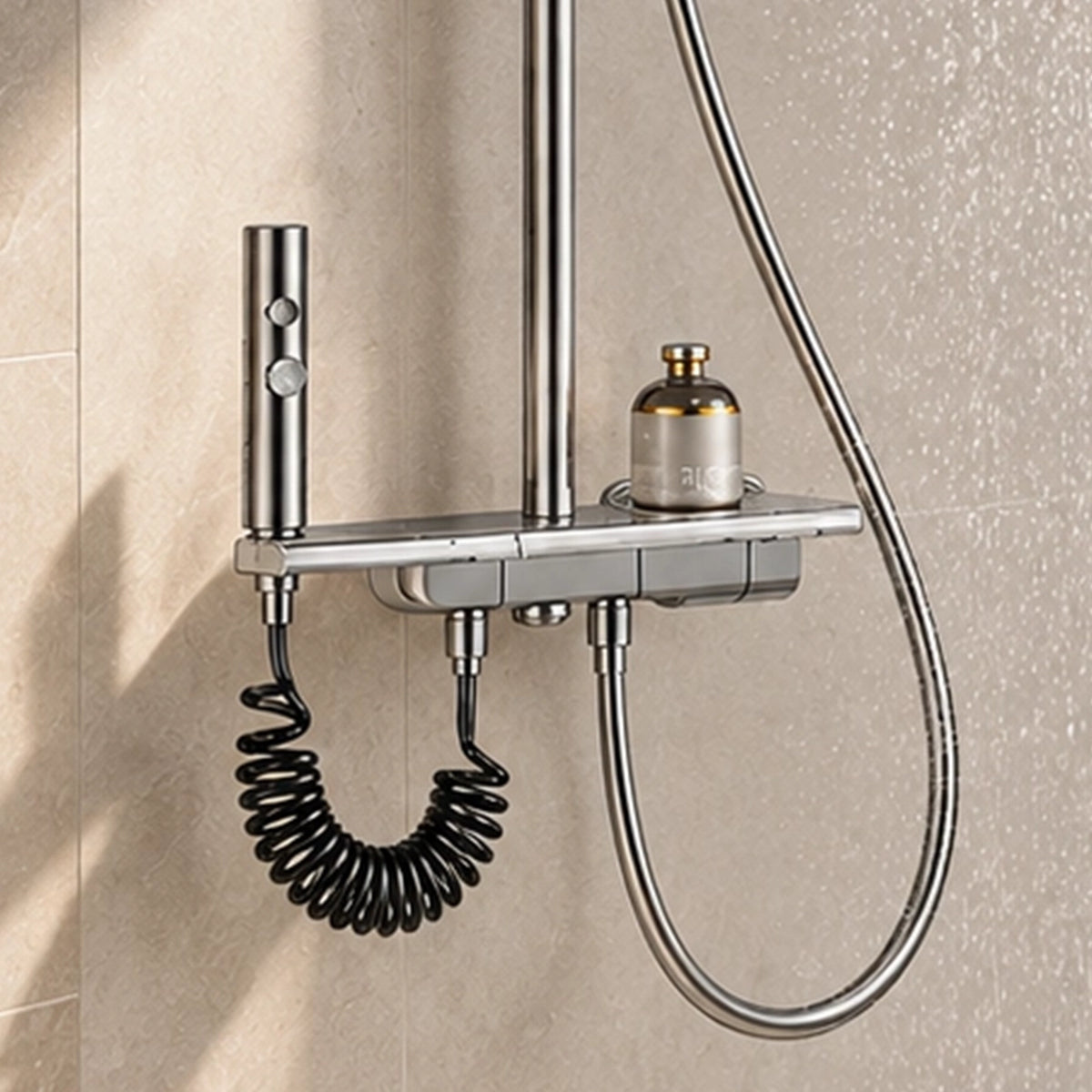 Shower shelf close‑up, built‑in spray gun and filter cartridge
