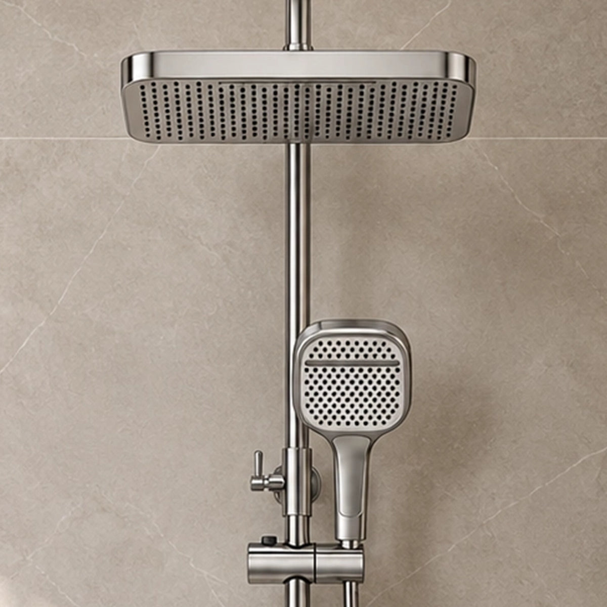 Static close‑up of square rain shower head and handheld sprayer