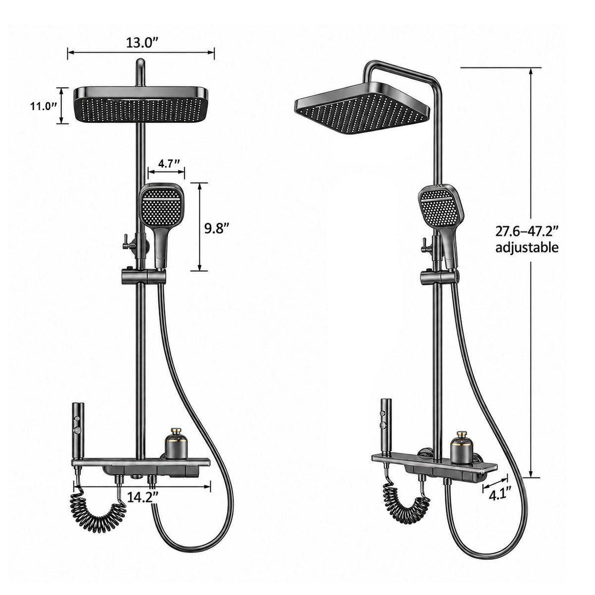 Gray square shower system,13in